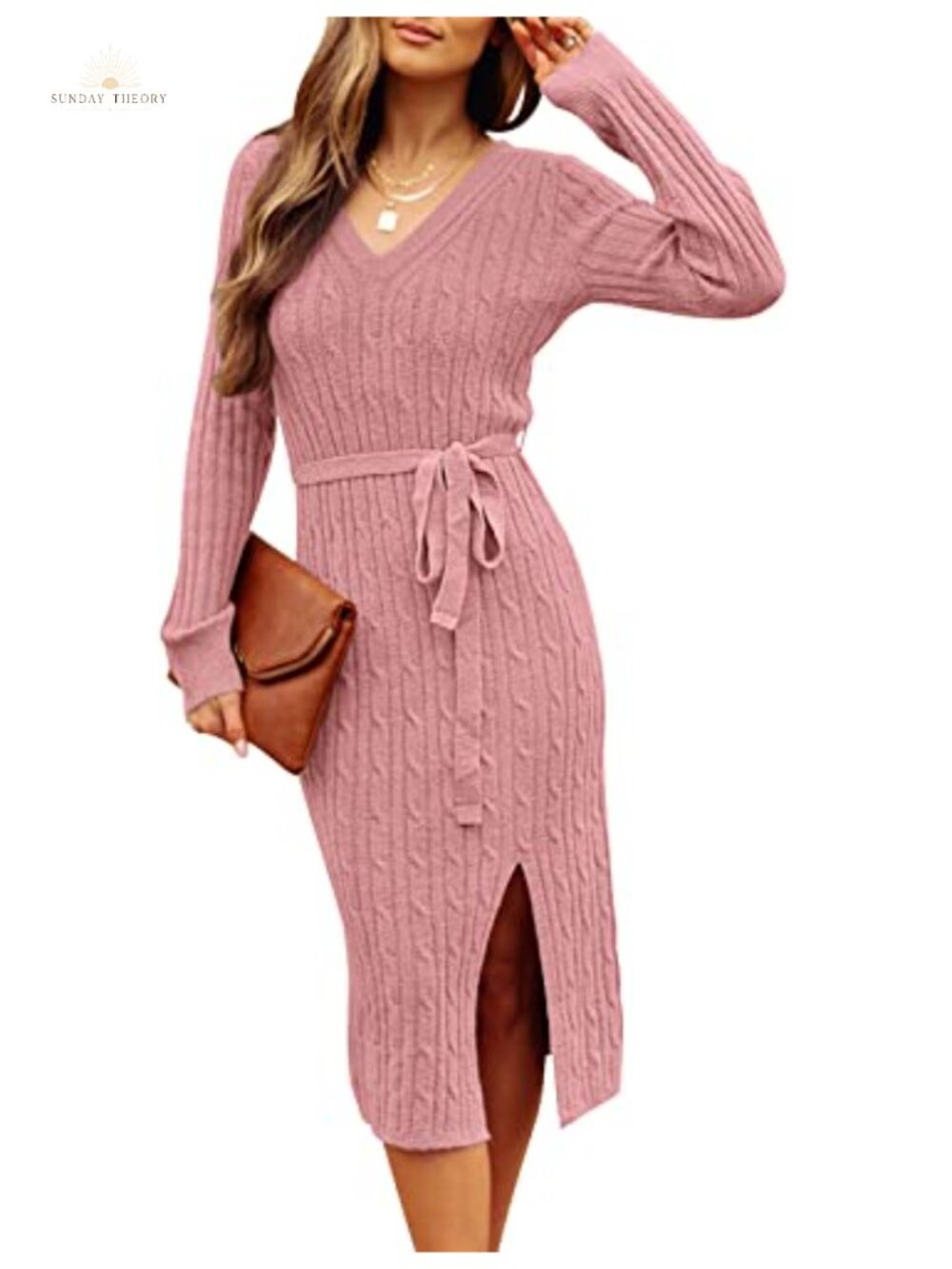 MEROKEETY Women's Long Sleeve V Neck Cable Knit Midi Sweater Dress